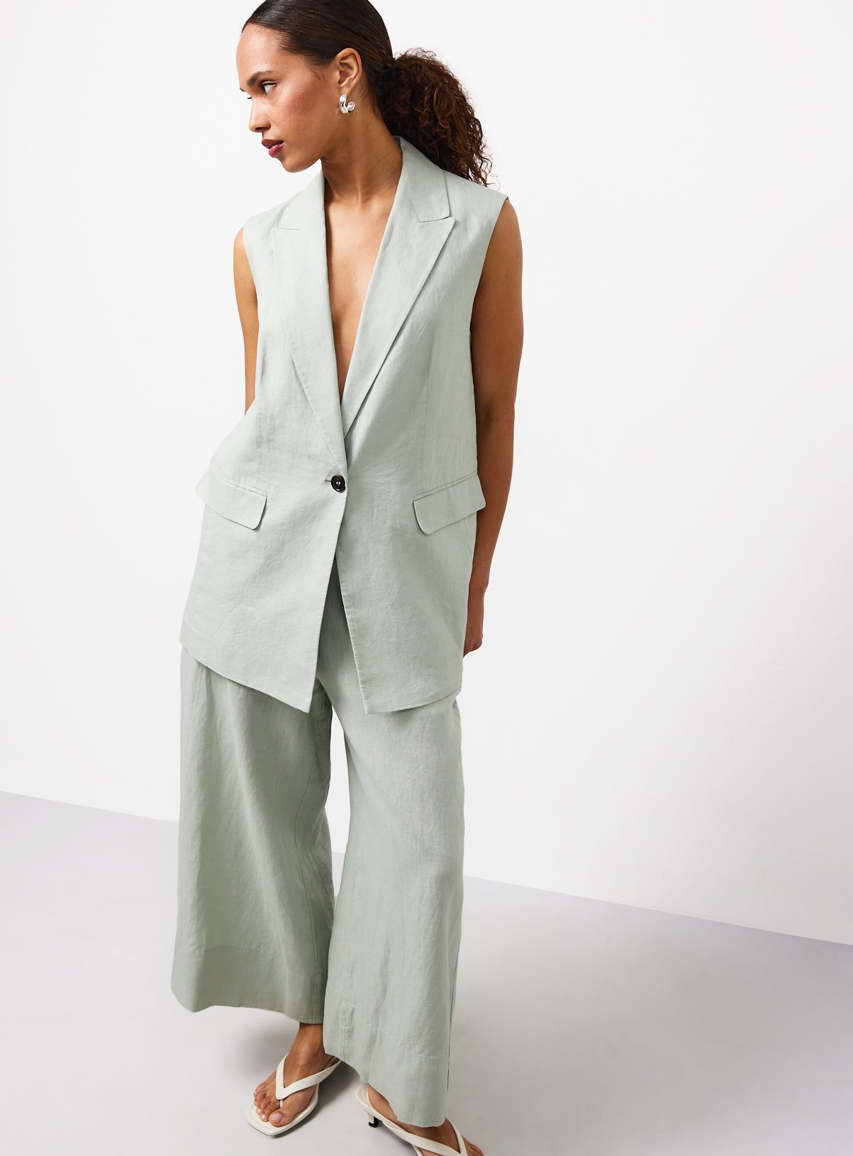 Green Pure Linen Co-ord Wide Leg Trousers 10L - Image 2 thumbnail